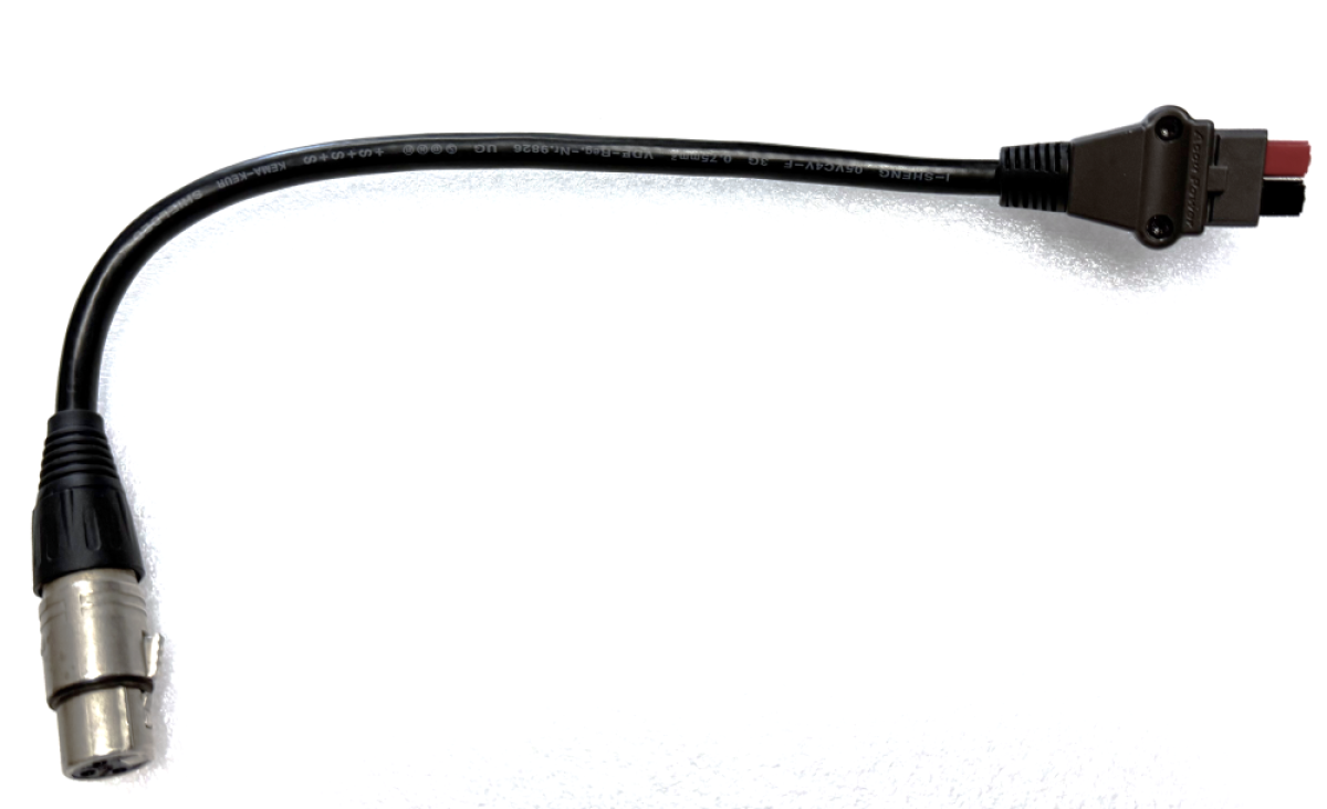 Akkustecker-Adapter auf Elektro-Golfrolley, 2-poliger PP/Anderson-Stecker gegen 3-poliger XLR/Neutrik-Stecker